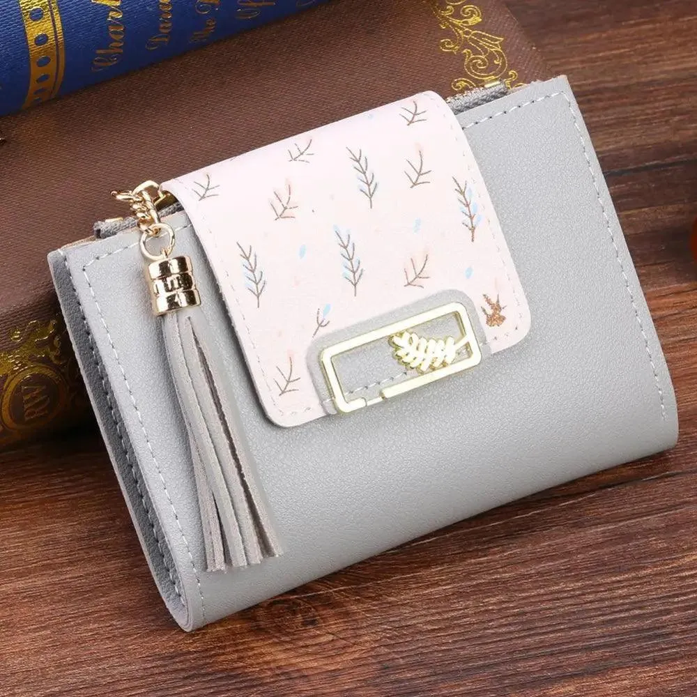 Women Pink PU Leather Short Wallet Trendy New Fashion  Vintage Mini Purses Cute Feather Design Wallets