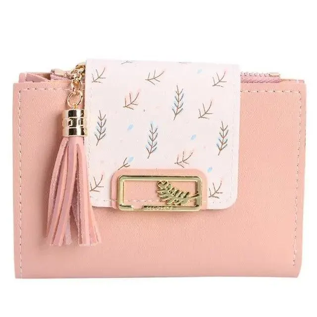 Women Pink PU Leather Short Wallet Trendy New Fashion  Vintage Mini Purses Cute Feather Design Wallets