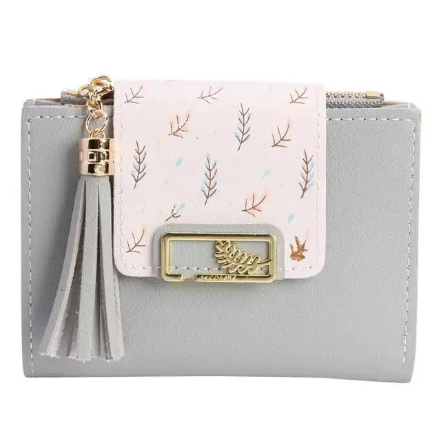 Women Pink PU Leather Short Wallet Trendy New Fashion  Vintage Mini Purses Cute Feather Design Wallets