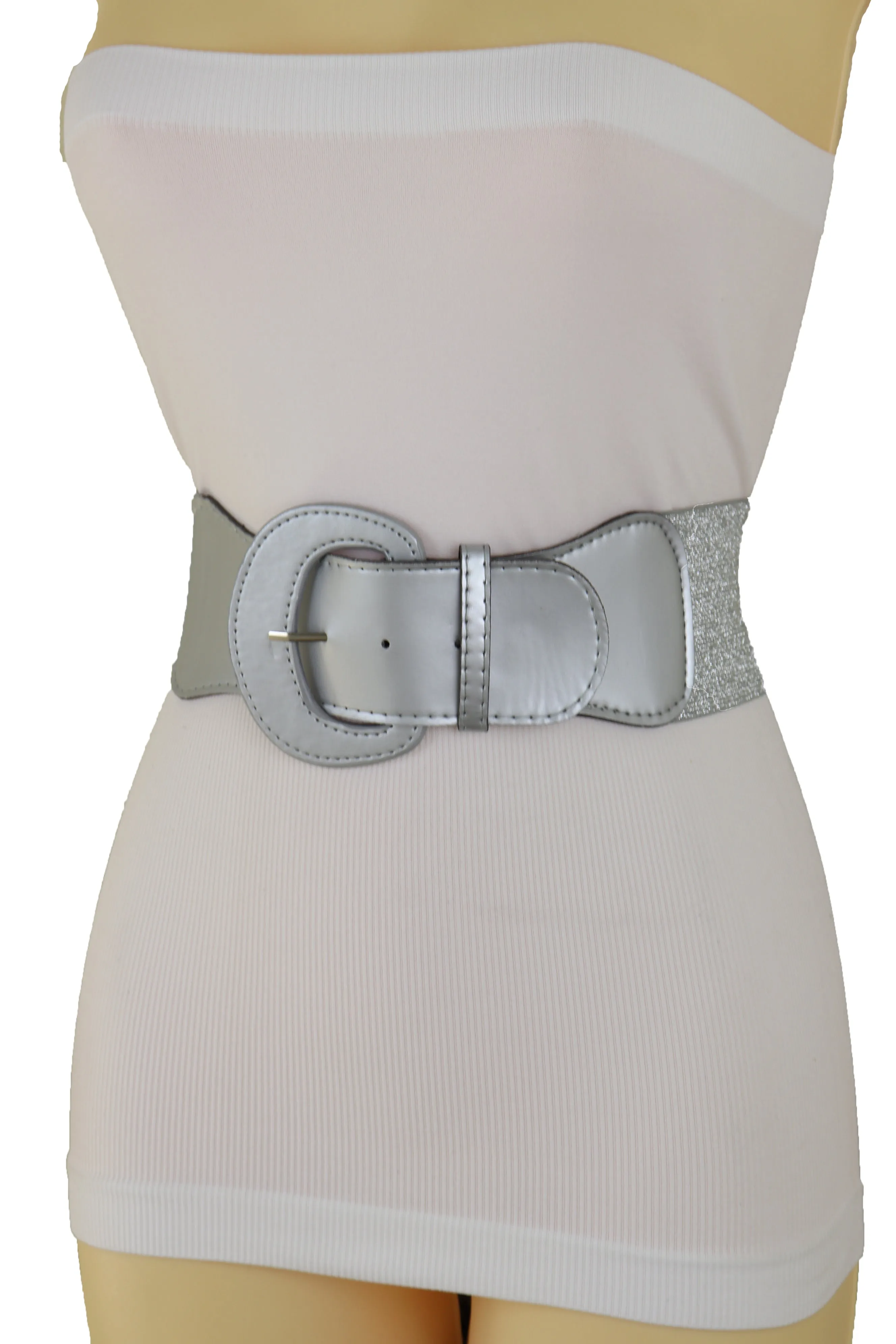 Women Silver Color Stretch Strap Cinch Waistband Cool Fashion Belt Hip High Waist Size M L
