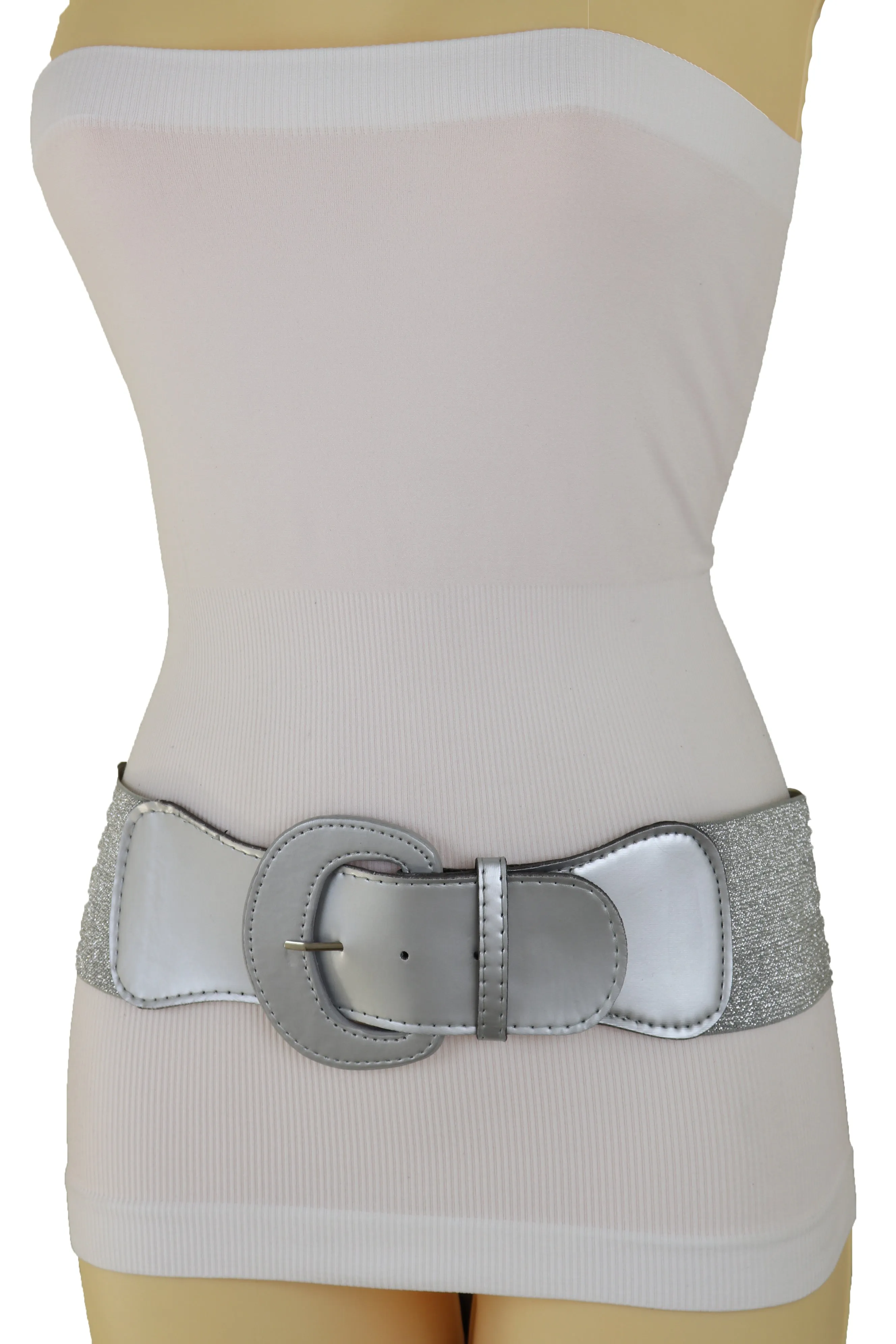 Women Silver Color Stretch Strap Cinch Waistband Cool Fashion Belt Hip High Waist Size M L