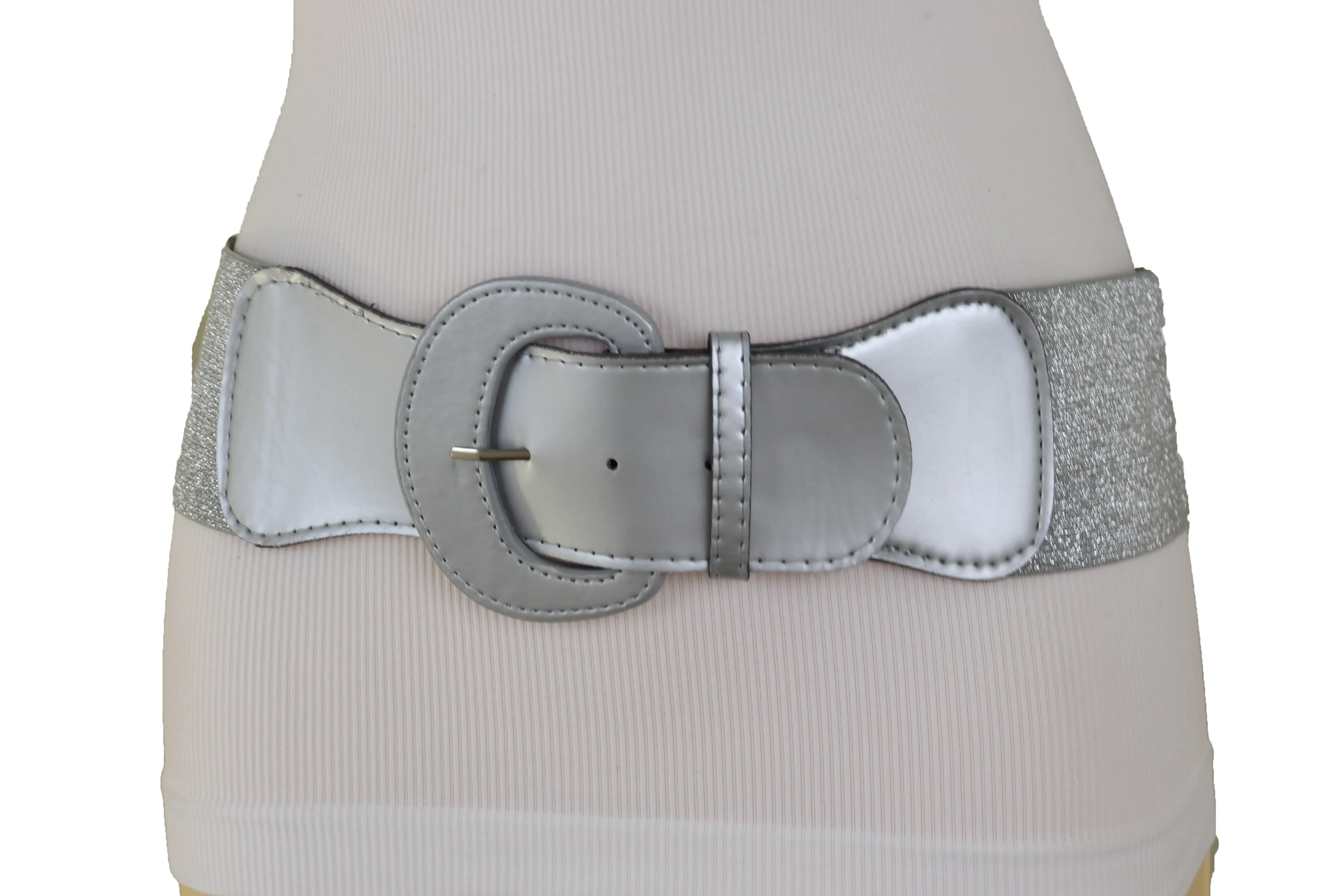 Women Silver Color Stretch Strap Cinch Waistband Cool Fashion Belt Hip High Waist Size M L