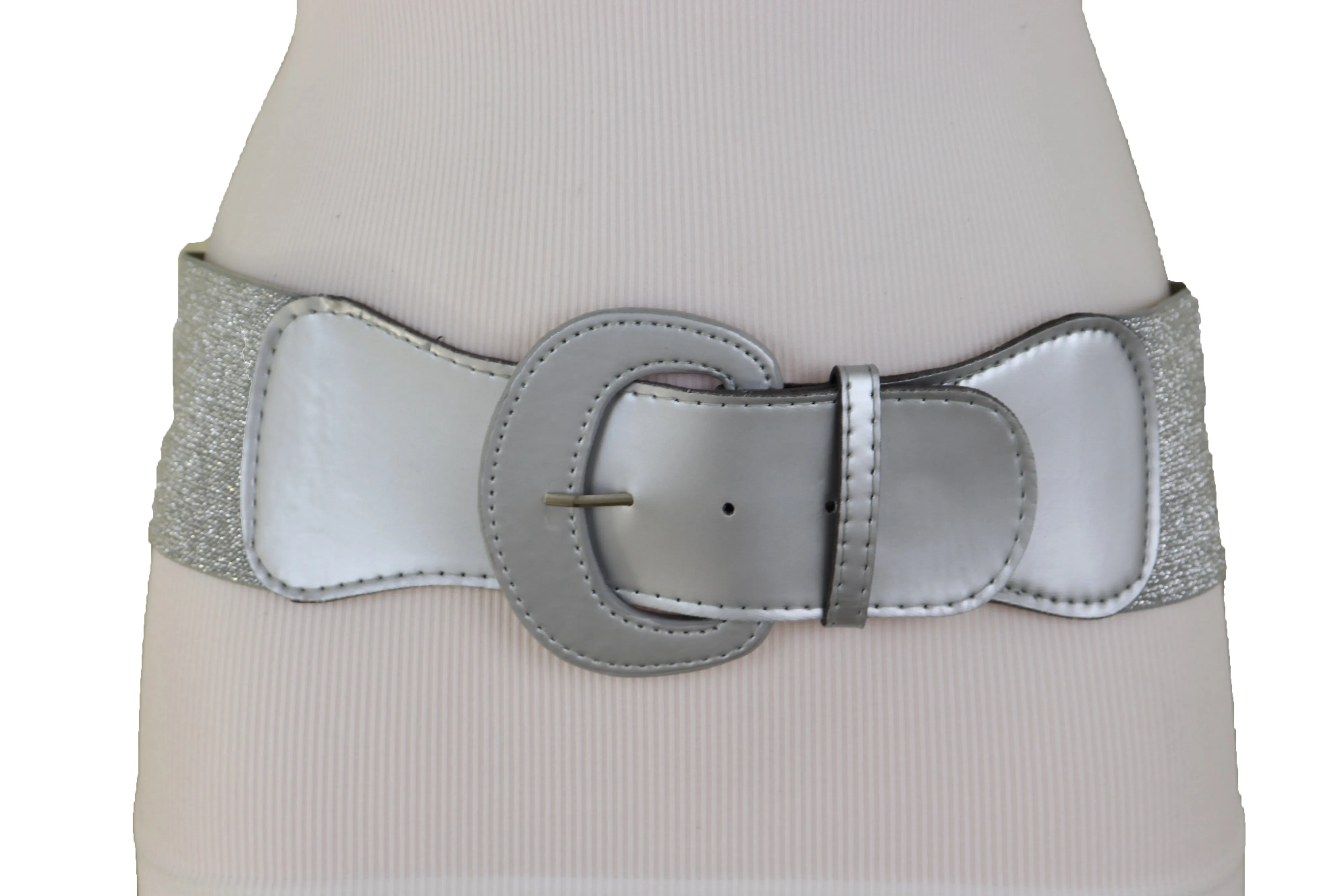 Women Silver Color Stretch Strap Cinch Waistband Cool Fashion Belt Hip High Waist Size M L