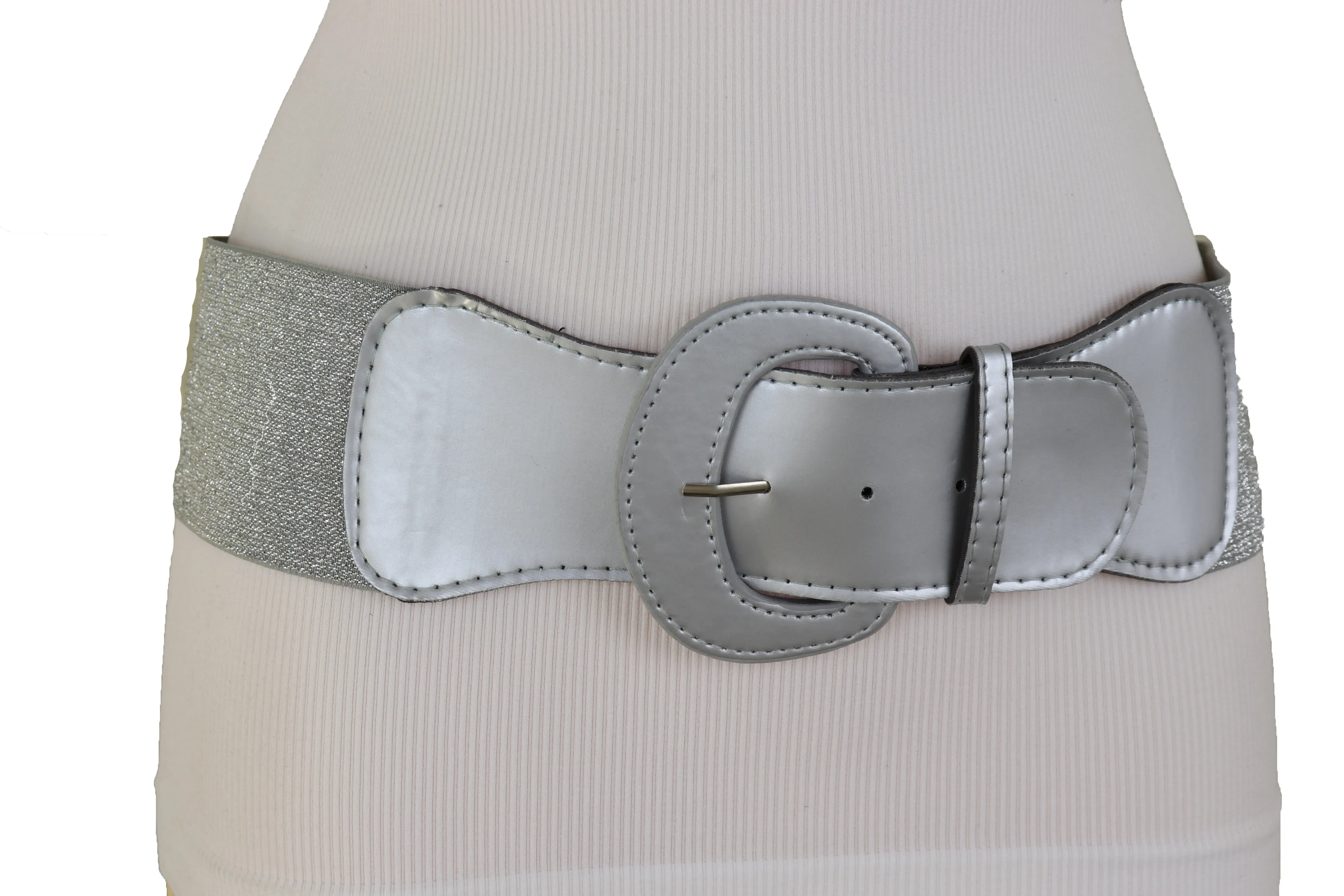 Women Silver Color Stretch Strap Cinch Waistband Cool Fashion Belt Hip High Waist Size M L