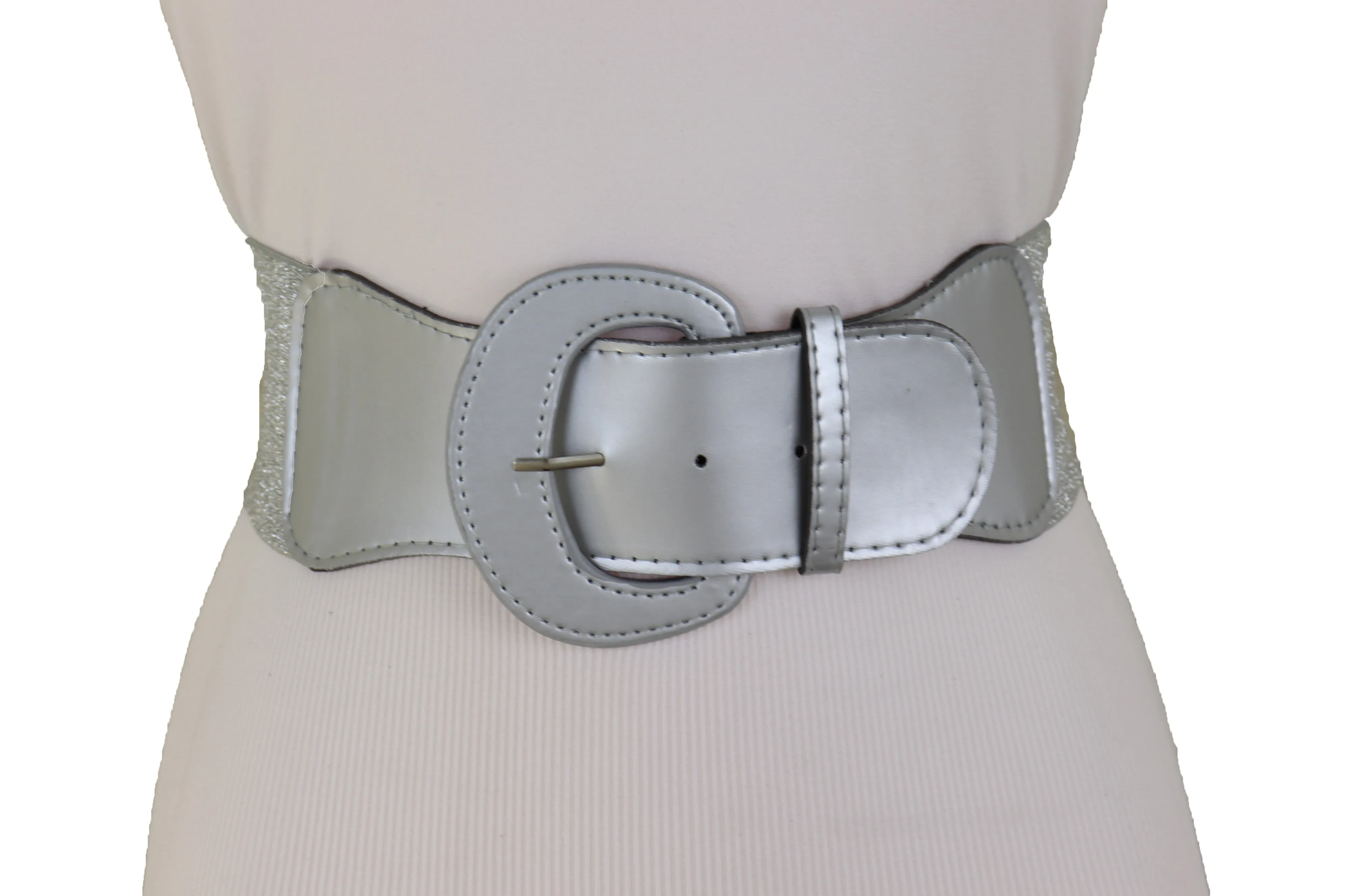 Women Silver Color Stretch Strap Cinch Waistband Cool Fashion Belt Hip High Waist Size M L