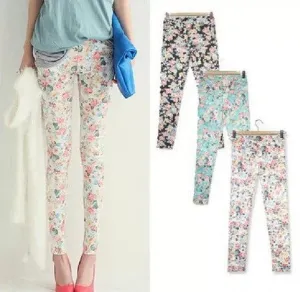 Women Summer Capris M L Plus Size 6 Color ,Young Girl Slim Floral Pants Printed Flower Skinny Straight Pencil Pants
