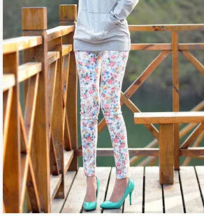 Women Summer Capris M L Plus Size 6 Color ,Young Girl Slim Floral Pants Printed Flower Skinny Straight Pencil Pants