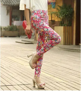 Women Summer Capris M L Plus Size 6 Color ,Young Girl Slim Floral Pants Printed Flower Skinny Straight Pencil Pants