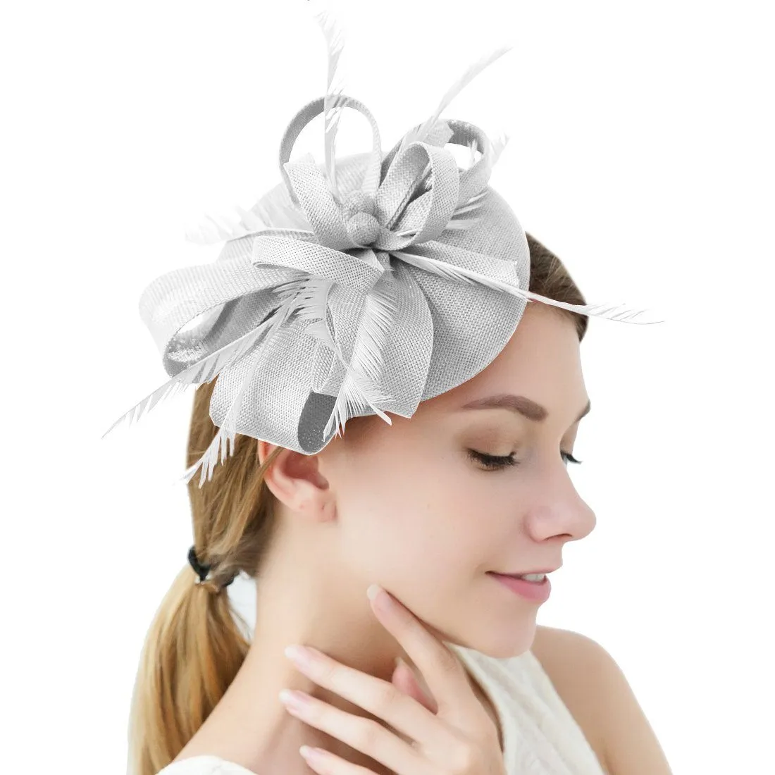 Women Wedding Party Bow Feather Pink Fascinator Hair Clip Derby Hat