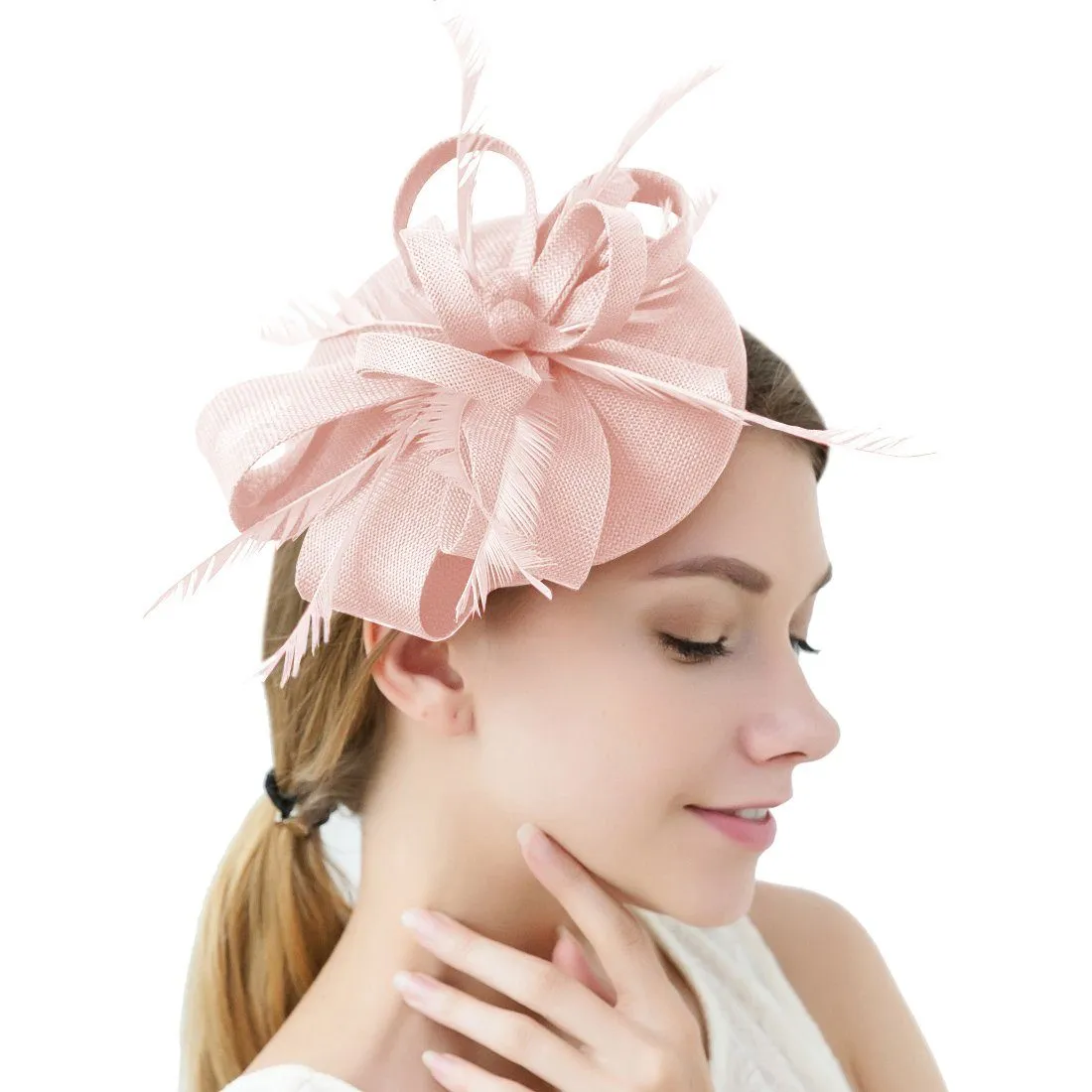 Women Wedding Party Bow Feather Pink Fascinator Hair Clip Derby Hat