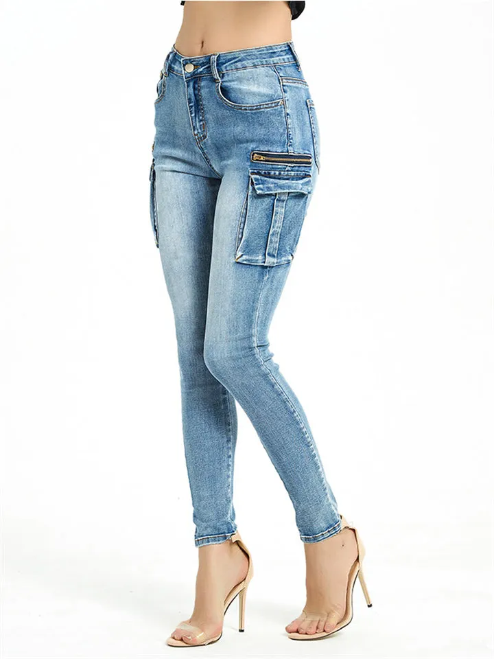Women's Casual Style Slim Fit Multi-Pocket Long Denim Pants