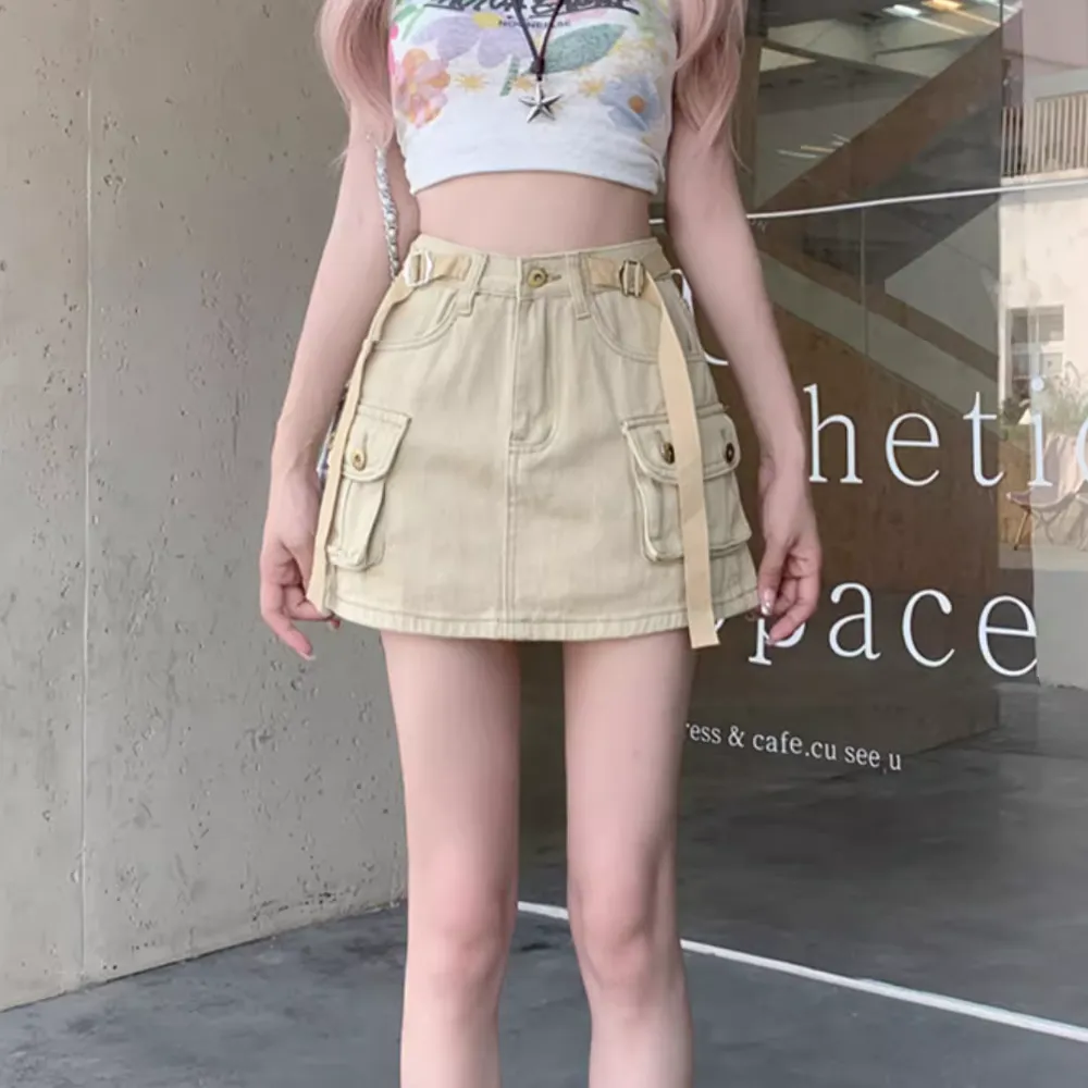 Women's Retro Solid Color Cargo Skirt