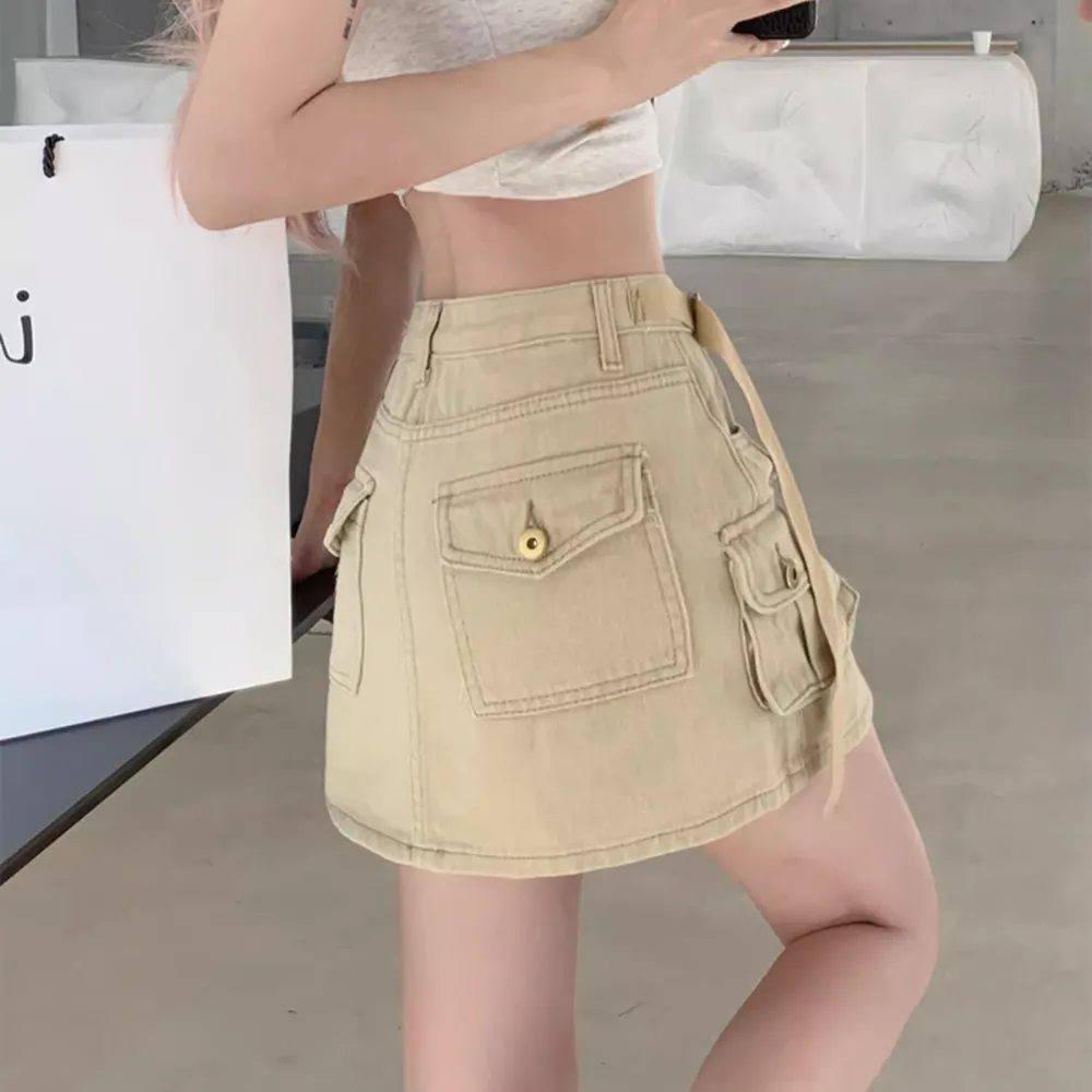 Women's Retro Solid Color Cargo Skirt