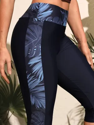 Women's Sporty Legging Swim Capris, Knee-Length, Quick-Dry, Water Sports Leggings With Tropical Print