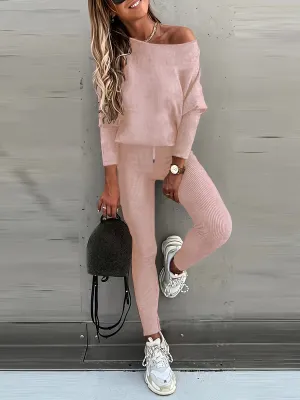 xieyinshe  Casual Solid Sports Two-piece Set, With Slanted Shoulder Long Sleeve Hoodies & Tied Striped Pants Set, Women's Clothing