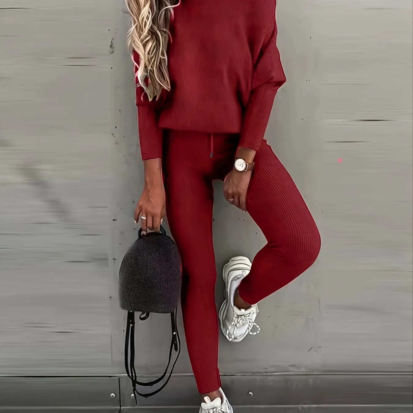 xieyinshe  Casual Solid Sports Two-piece Set, With Slanted Shoulder Long Sleeve Hoodies & Tied Striped Pants Set, Women's Clothing