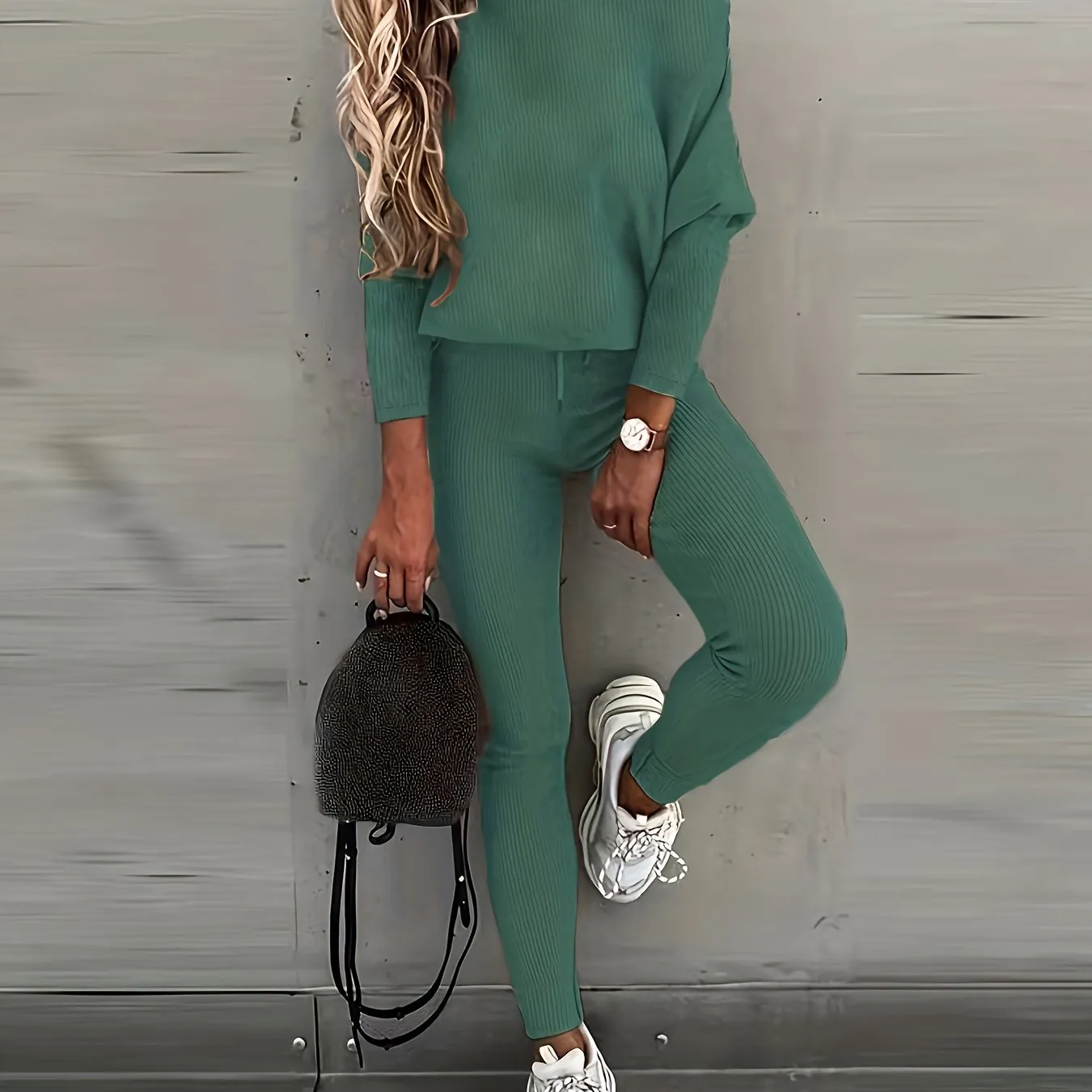 xieyinshe  Casual Solid Sports Two-piece Set, With Slanted Shoulder Long Sleeve Hoodies & Tied Striped Pants Set, Women's Clothing