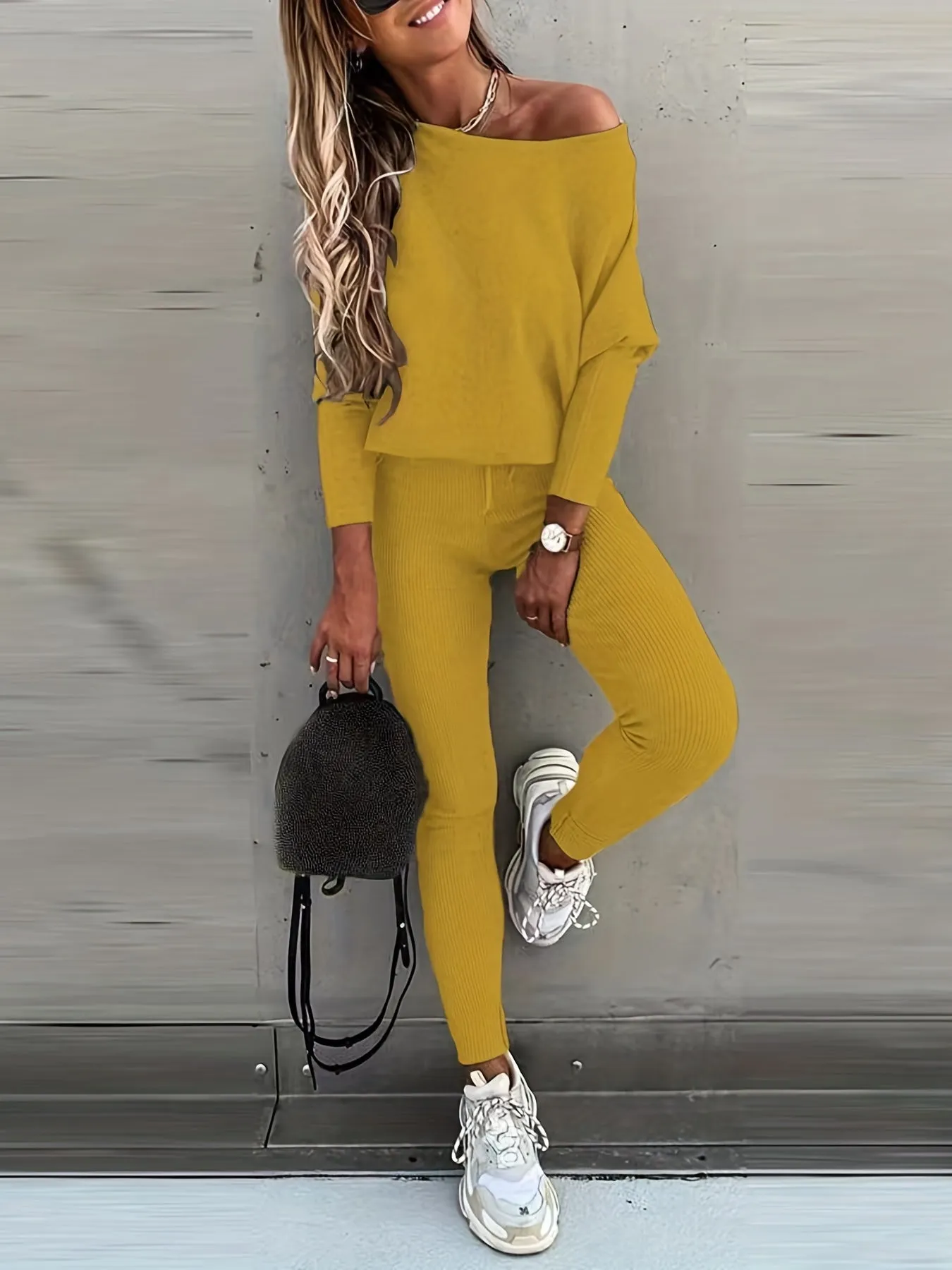 xieyinshe  Casual Solid Sports Two-piece Set, With Slanted Shoulder Long Sleeve Hoodies & Tied Striped Pants Set, Women's Clothing