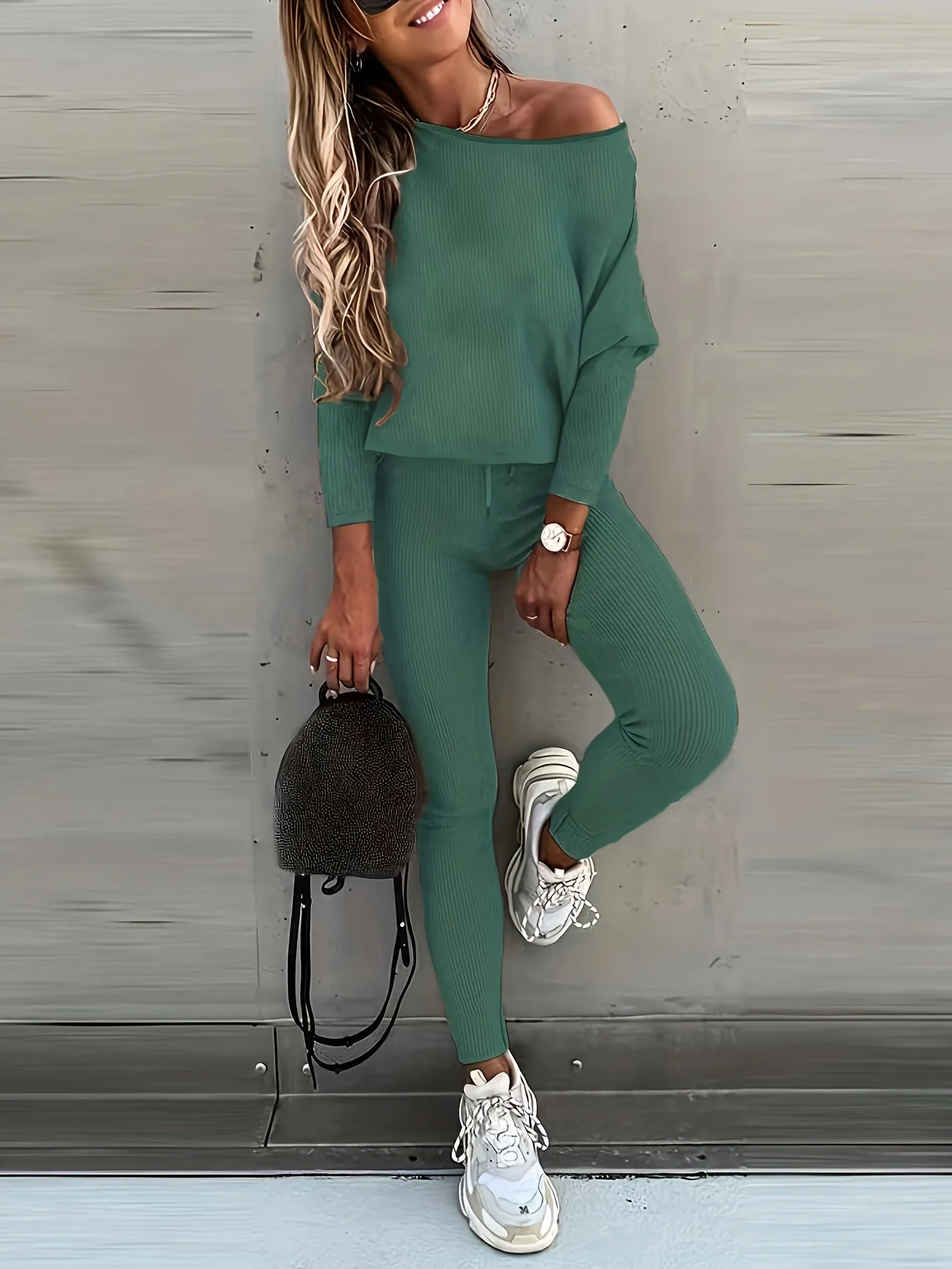 xieyinshe  Casual Solid Sports Two-piece Set, With Slanted Shoulder Long Sleeve Hoodies & Tied Striped Pants Set, Women's Clothing