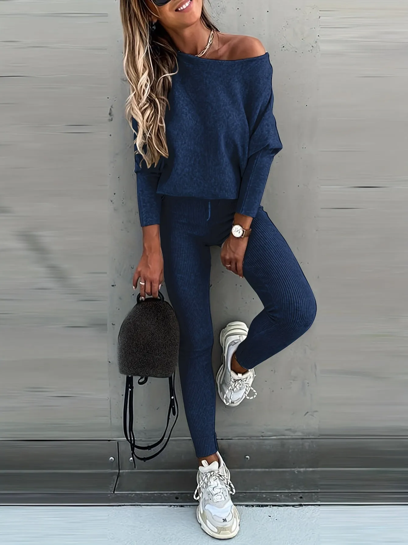 xieyinshe  Casual Solid Sports Two-piece Set, With Slanted Shoulder Long Sleeve Hoodies & Tied Striped Pants Set, Women's Clothing