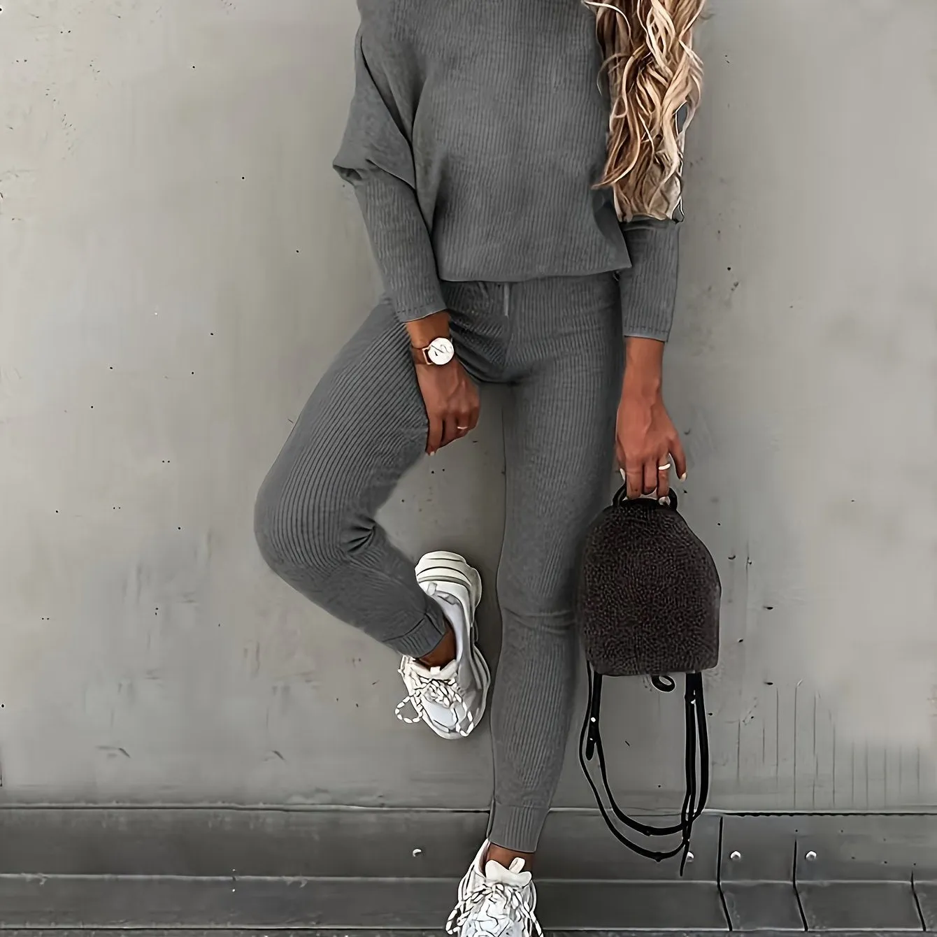 xieyinshe  Casual Solid Sports Two-piece Set, With Slanted Shoulder Long Sleeve Hoodies & Tied Striped Pants Set, Women's Clothing