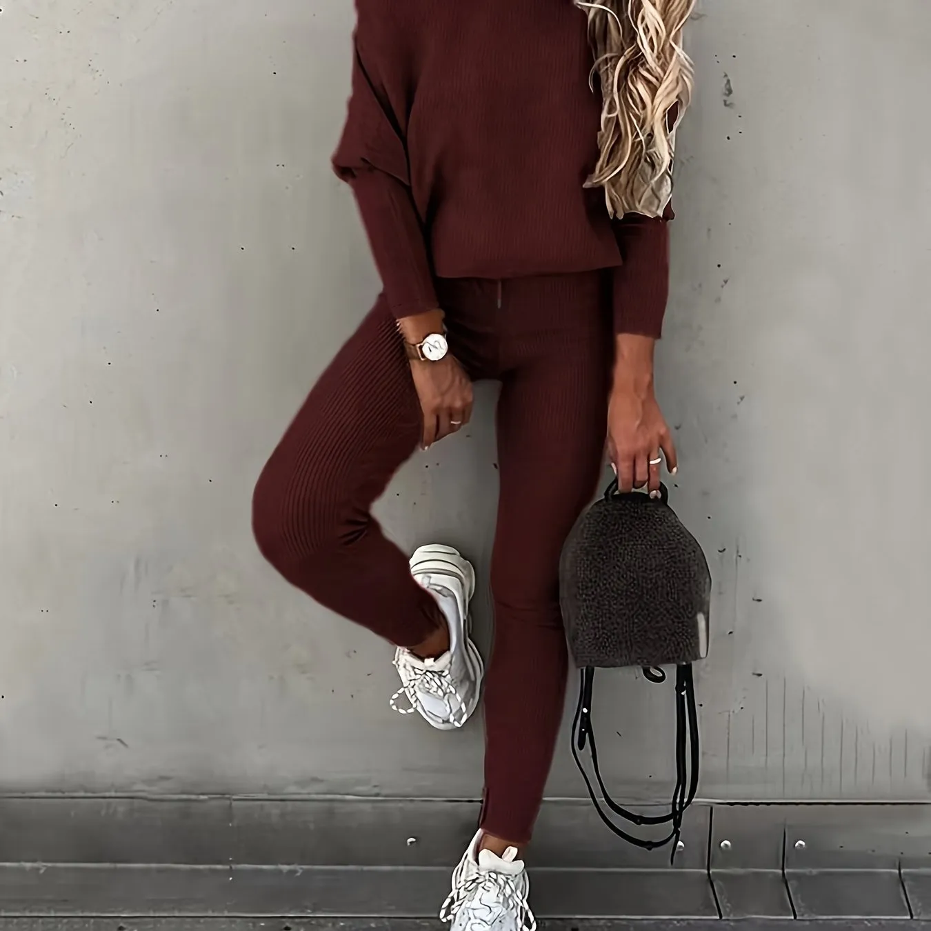 xieyinshe  Casual Solid Sports Two-piece Set, With Slanted Shoulder Long Sleeve Hoodies & Tied Striped Pants Set, Women's Clothing