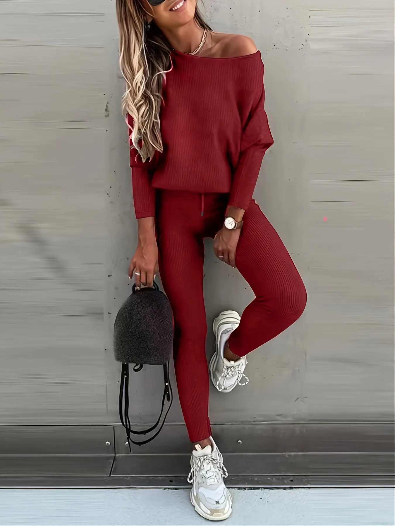 xieyinshe  Casual Solid Sports Two-piece Set, With Slanted Shoulder Long Sleeve Hoodies & Tied Striped Pants Set, Women's Clothing