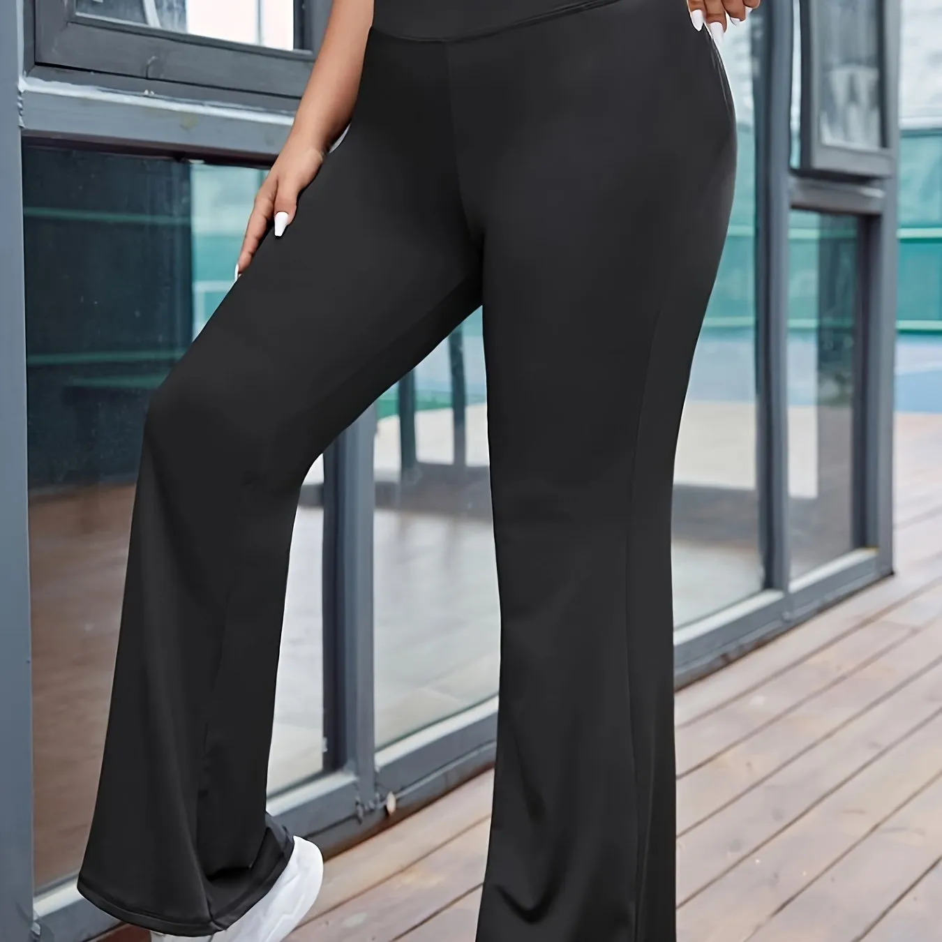 xieyinshe  Plus Size Sports Pants, Women's Plus Solid High Rise Medium Stretch Flared Leg Trousers