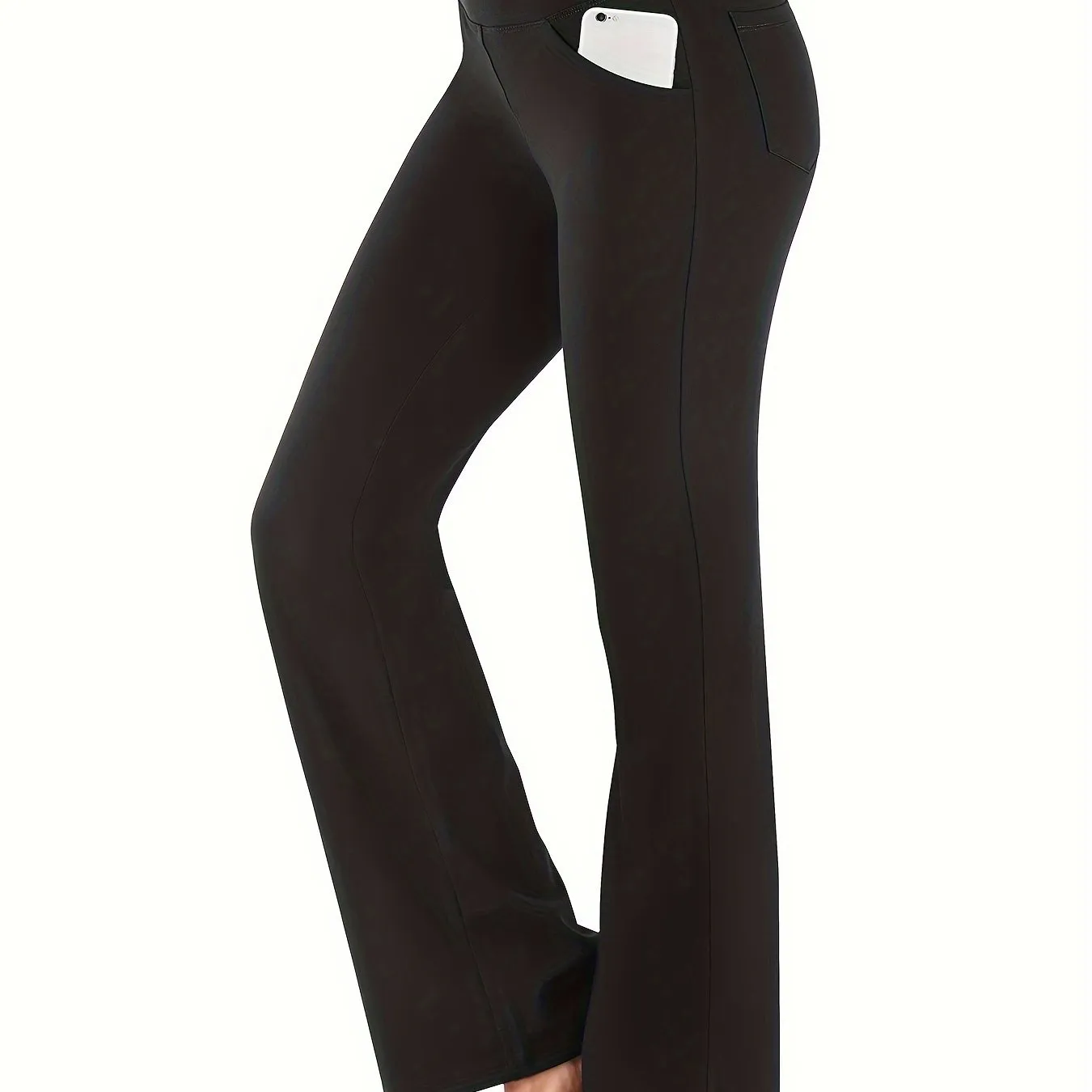 xieyinshe  Solid Color Fitness Sports Flared Pants With Pocket, High Waist Bell-bottom Yoga Leggings, Women's Activewear