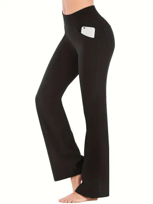 xieyinshe  Solid Color Fitness Sports Flared Pants With Pocket, High Waist Bell-bottom Yoga Leggings, Women's Activewear