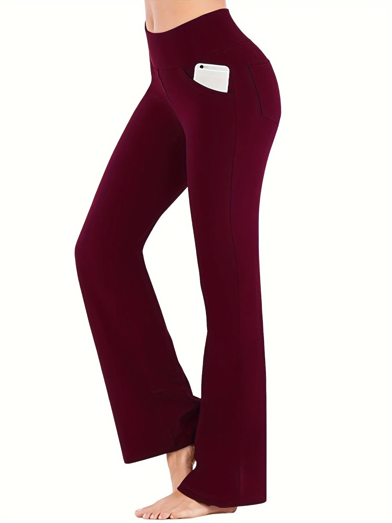 xieyinshe  Solid Color Fitness Sports Flared Pants With Pocket, High Waist Bell-bottom Yoga Leggings, Women's Activewear