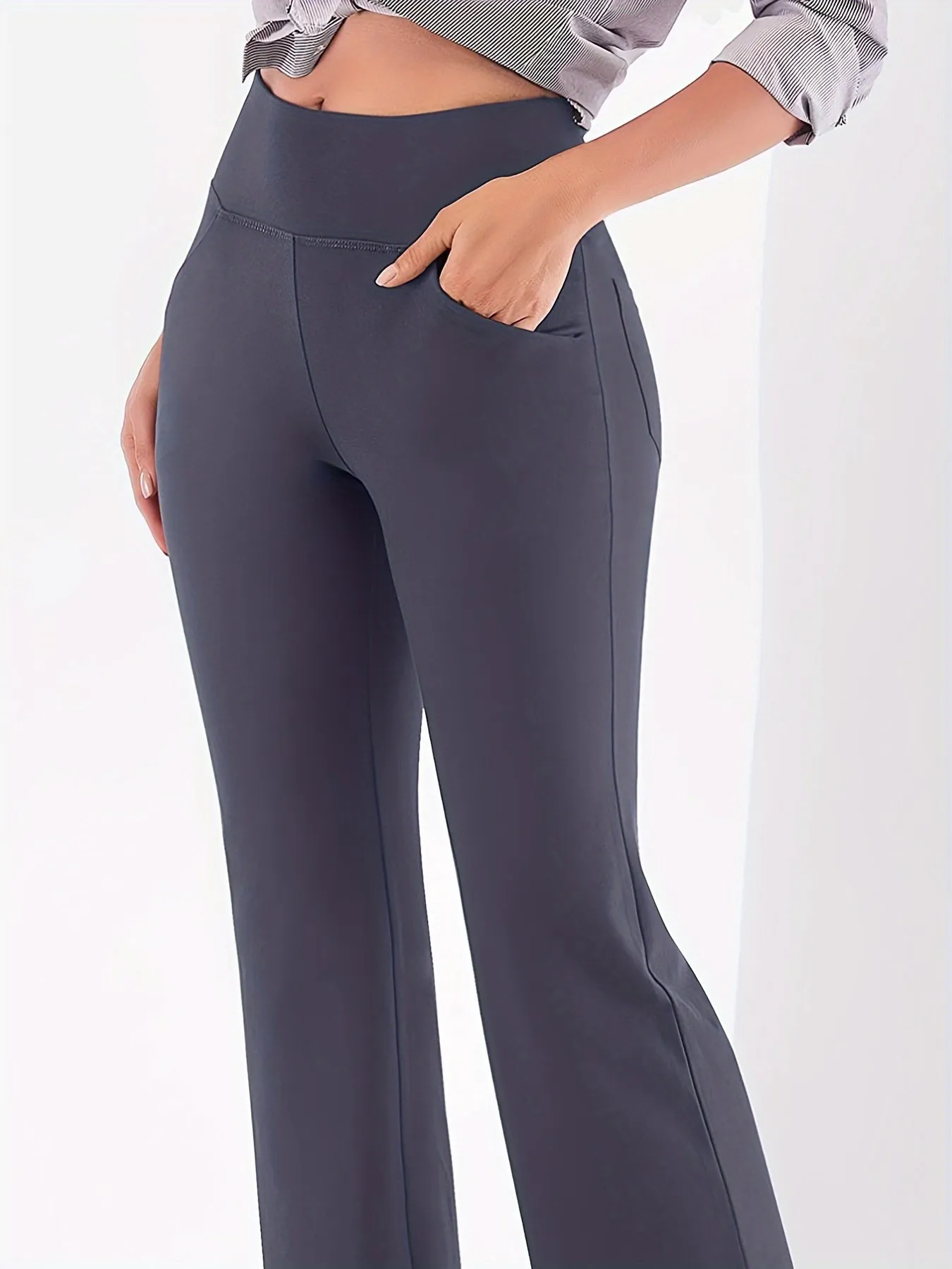 xieyinshe  Solid Color Fitness Sports Flared Pants With Pocket, High Waist Bell-bottom Yoga Leggings, Women's Activewear