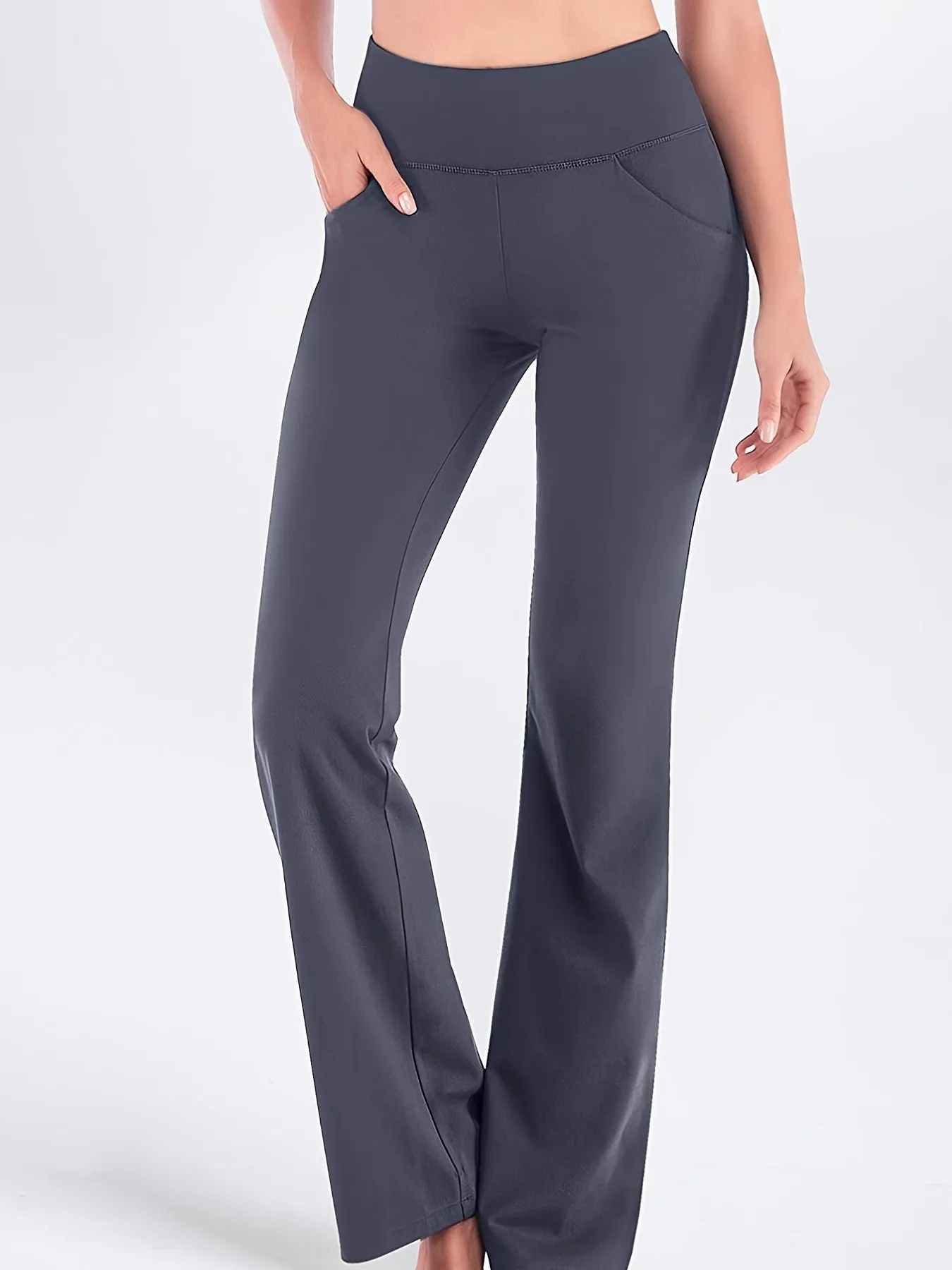 xieyinshe  Solid Color Fitness Sports Flared Pants With Pocket, High Waist Bell-bottom Yoga Leggings, Women's Activewear