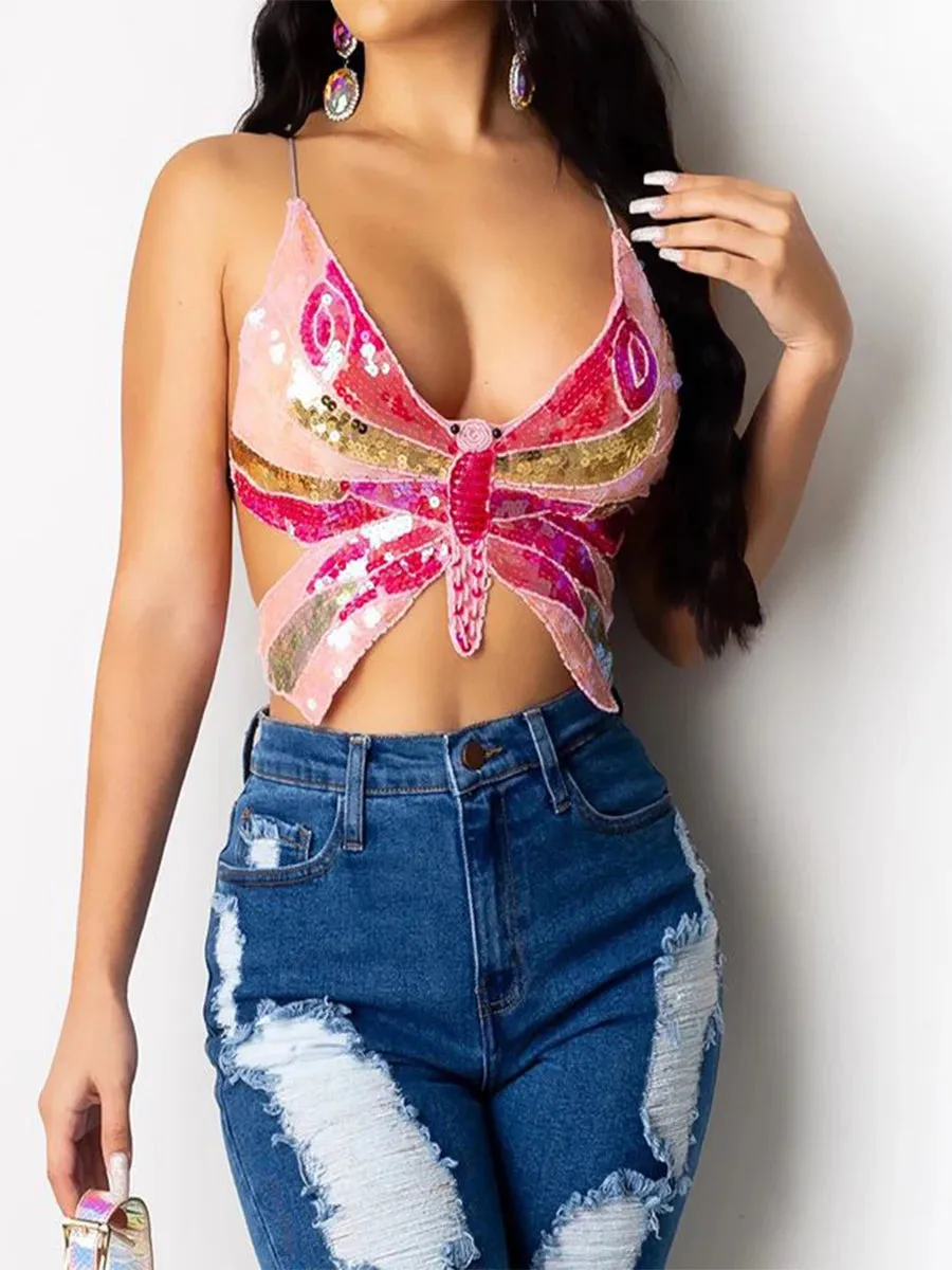 Y2K Pink Butterfly Halter Crop Top – Dazzle in Style