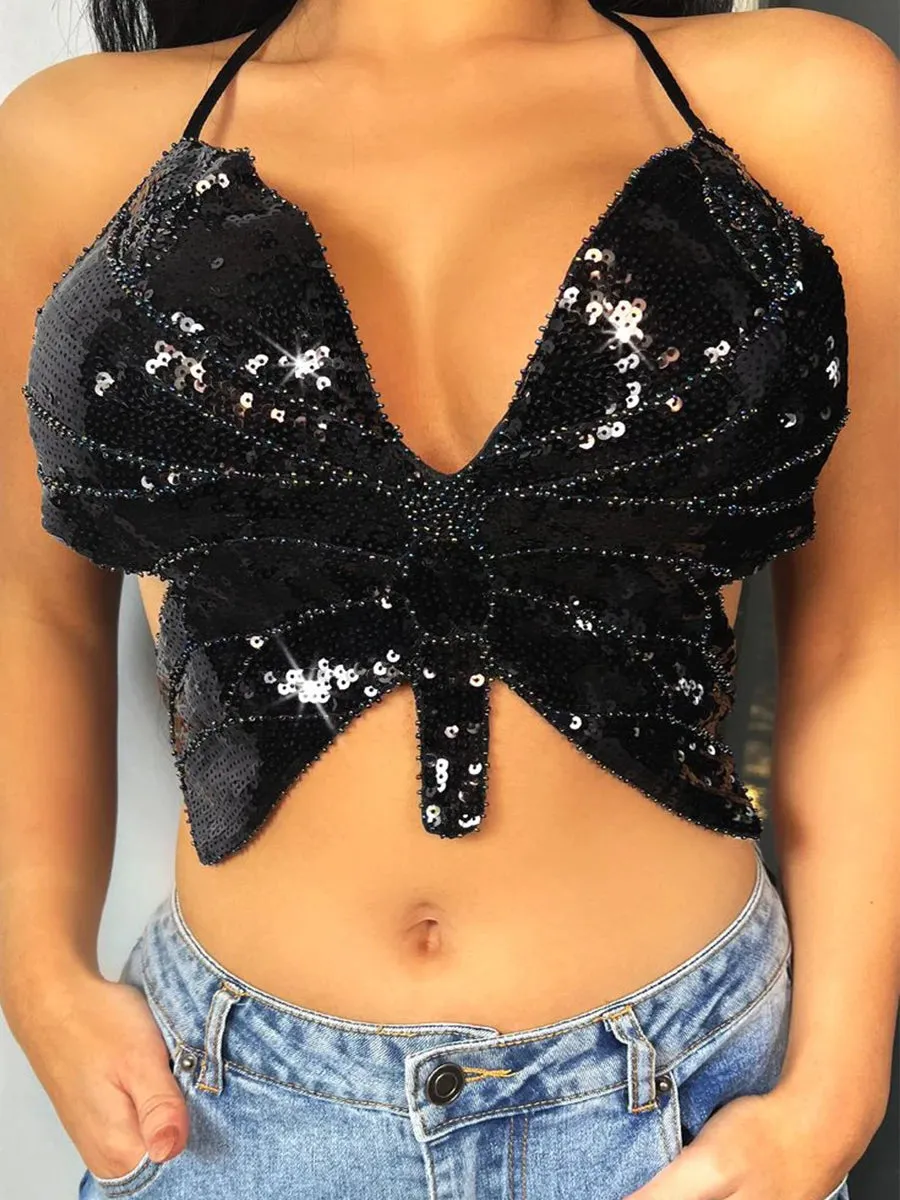 Y2K Pink Butterfly Halter Crop Top – Dazzle in Style