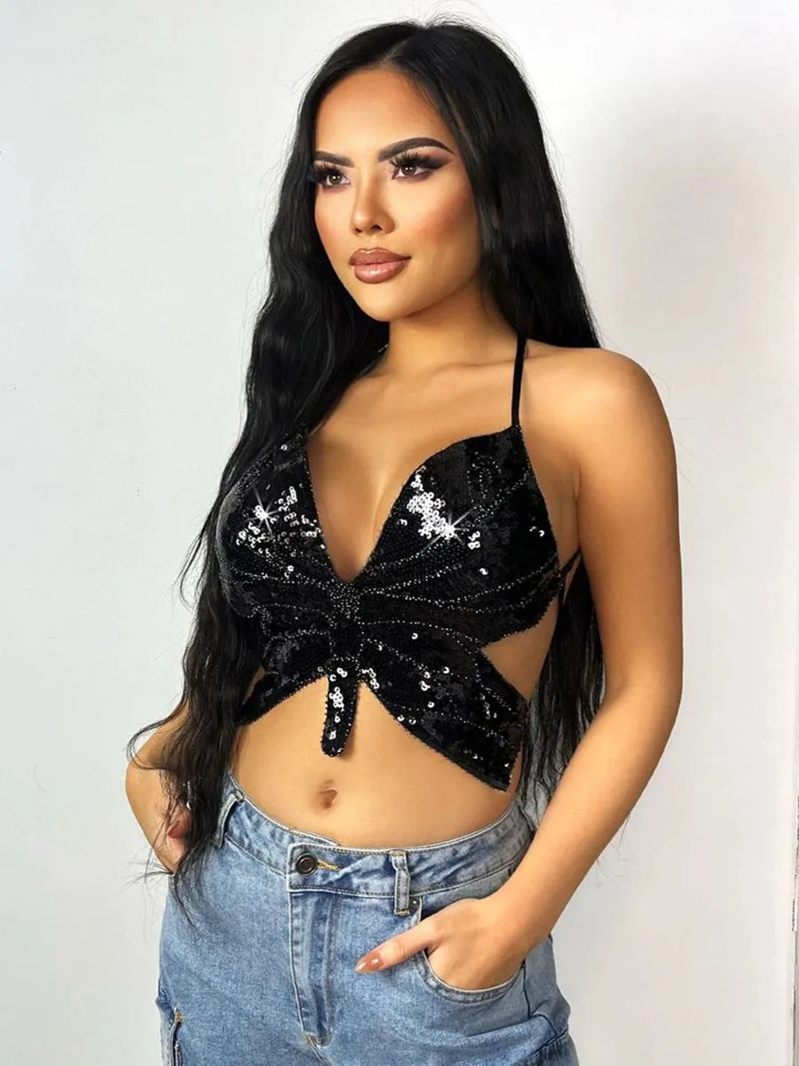 Y2K Pink Butterfly Halter Crop Top – Dazzle in Style