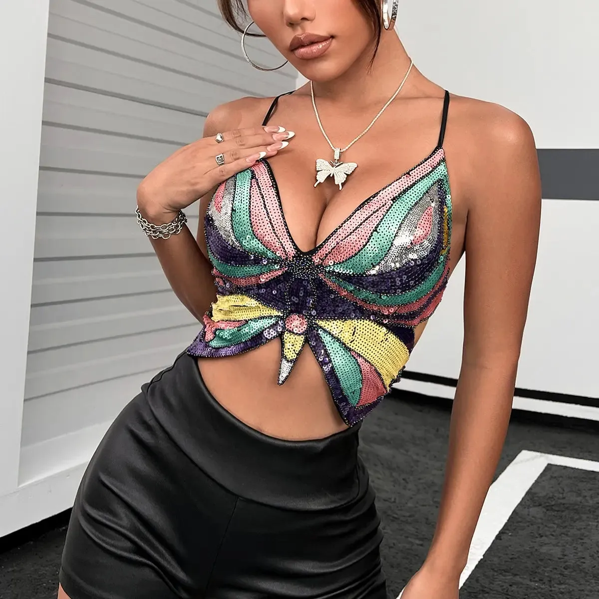 Y2K Pink Butterfly Halter Crop Top – Dazzle in Style