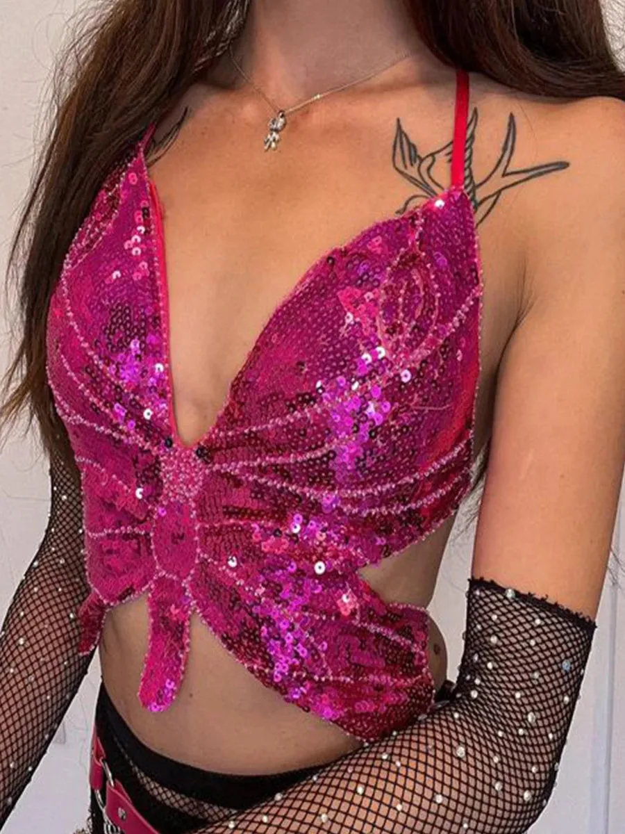 Y2K Pink Butterfly Halter Crop Top – Dazzle in Style