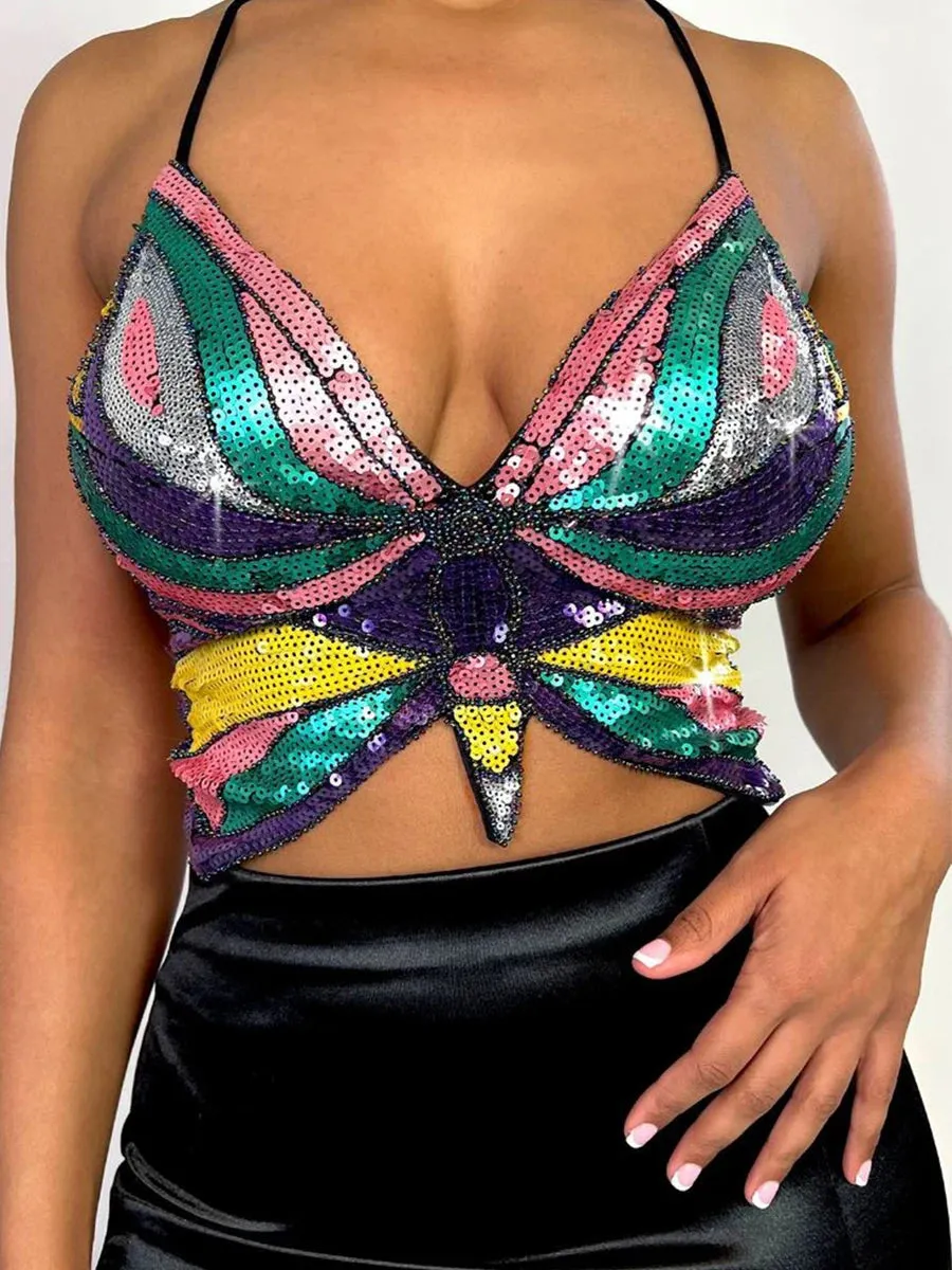 Y2K Pink Butterfly Halter Crop Top – Dazzle in Style