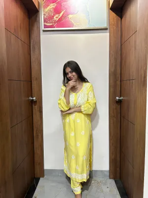 Yellow Chikankari Kurti In Rayon With Pant