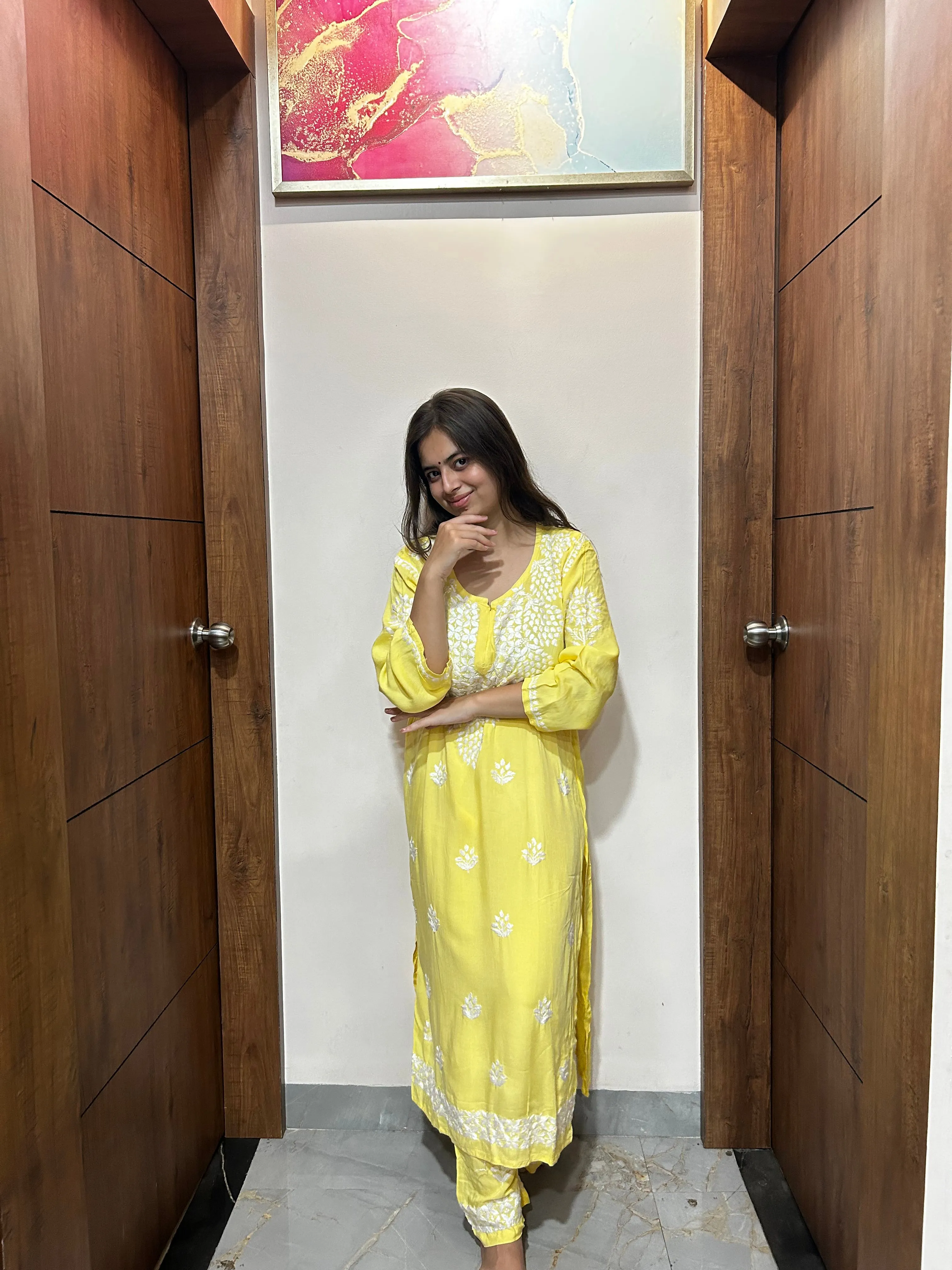 Yellow Chikankari Kurti In Rayon With Pant