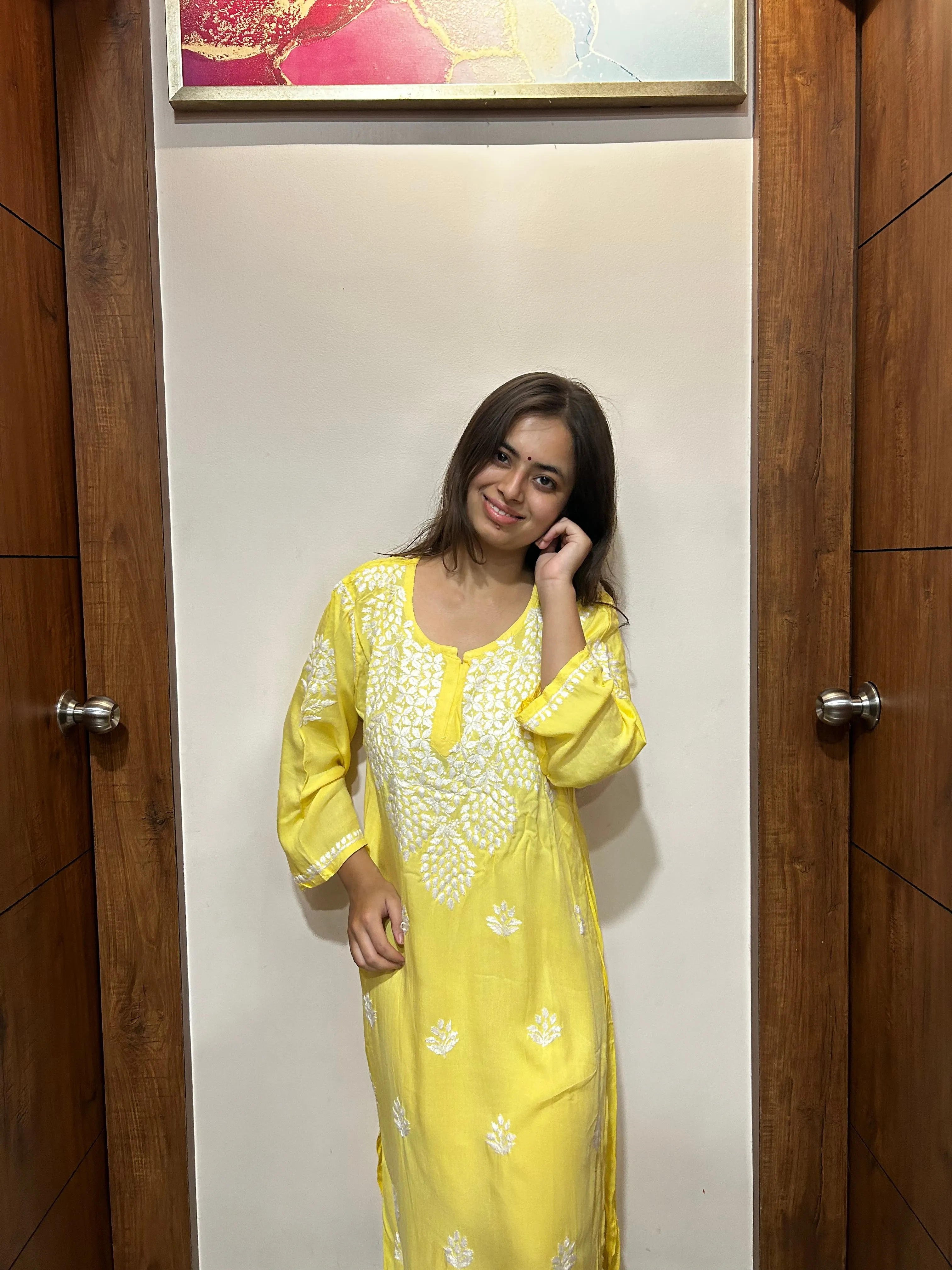Yellow Chikankari Kurti In Rayon With Pant