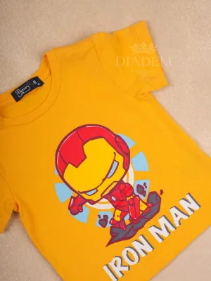 Yellow Cotton Half Sleeve T-Shirt with Iron Man Printed design for Boys