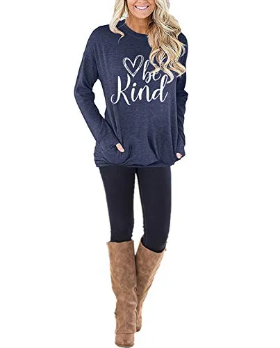 ZILIN Women's Casual Letter Print Crewneck T-Shirt Long Sleeve Tunic Tops Sweatshirt with Pockets